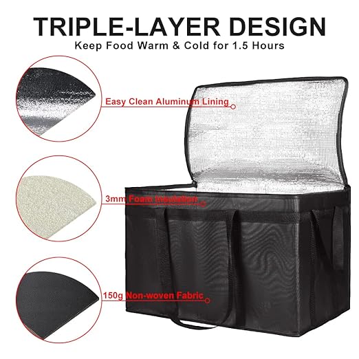 2-Pack Insulated Food Delivery Bag, XXX-Large Cooler Bags, Black | Insulated Grocery Shopping Bags, Food Carrier Catering Bag, Commercial Food Warmer Bag for Delivery Drivers for Hot/Cold Food