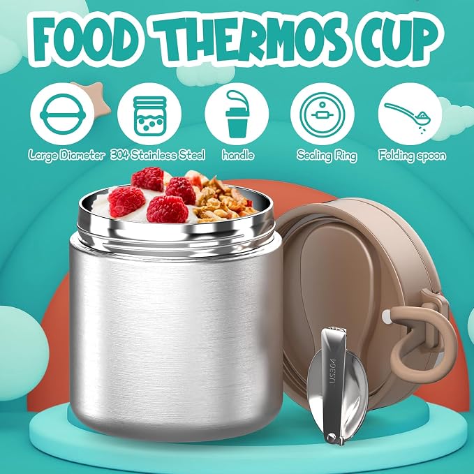 Thermo for Hot Food Kids - 15.2oz with Folding Spoon and Silicone handle | Leak Proof Insulated Food Jar, Soup Thermo, Wide Mouth Insulated Lunch Containers, Dishwasher Safety