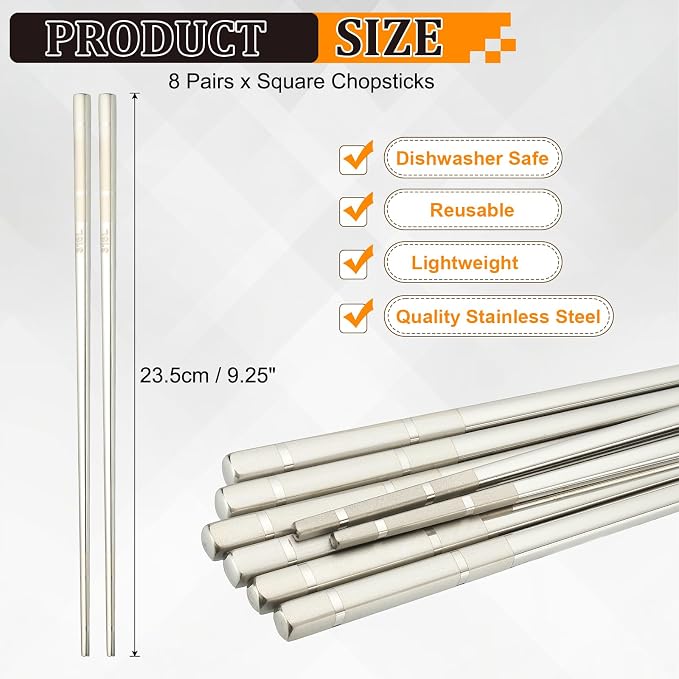 uxcell 8 Pairs Stainless Steel Chopsticks, 23.5cm / 9.25 Inch Metal Chop Sticks Square Lightweight Chopsticks Tableware Accessories Bulk for Home Kitchen Hot Pot Cooking, Silver Tone