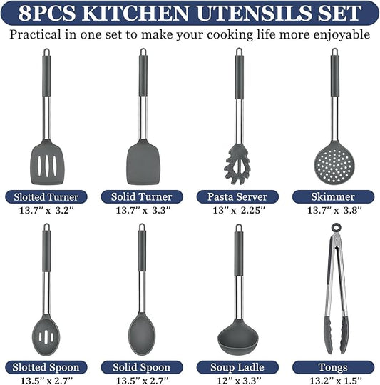 TeamFar Kitchen Utensils, 8PCS Silicone Utensils Kitchen Tools Set with Stainless Steel Handle, for Nonstick Cookware Frying Flipping Draining, Healthy & Anti-heat, Nonstick & Dishwasher Safe - Gray