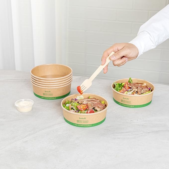 Restaurantware Paper Food Containers 200 Pack Of 17 oz Disposable Round Kraft Salad Bowls BPI-Certified Compostable Stackable Greaseproof Meal Prep Take Out Containers For Soups, Snacks And Desserts