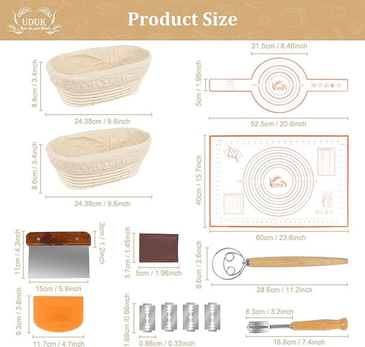 Sourdough Starter Kit - Bread Proofing Basket Set with 9.6" Oval Banneton Baskets x2, Silicone Bread Sling Baking Mat, Whisk Cutter Scraper Lame - Ideal Sourdough Bread Baking Supplies