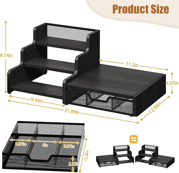 Coffee Station Organizer with K Cup Holder, 28 Pod Capacity,3-Tier Syrup Rack with Coffee Pod Holder Drawer, Coffee Bar organizer Countertop for Accessories,Black