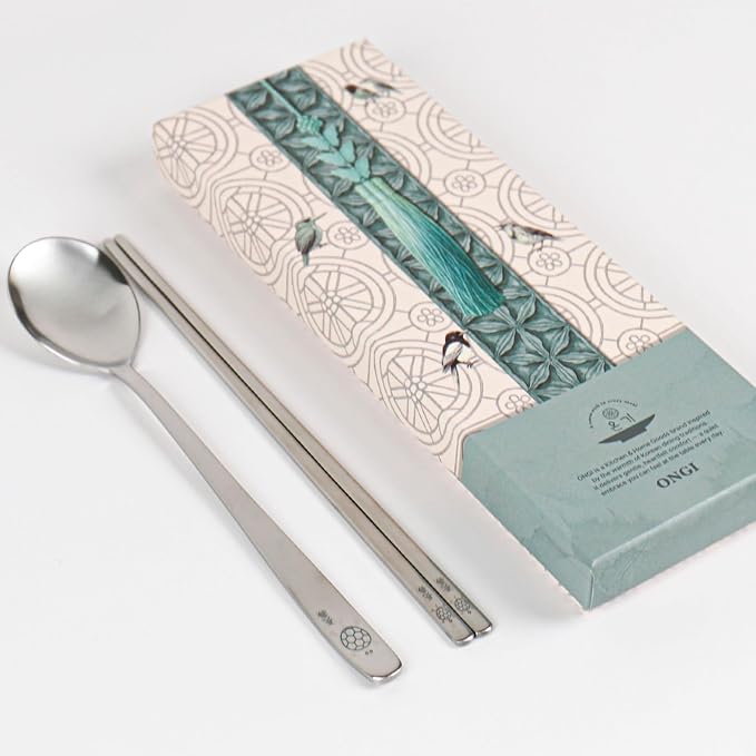 ONGI Korean Spoon and Chopstick 1 Set – Premium 18/10 Stainless Steel – Longevity Turtle Design – Gift-Ready – Made in Korea – Dishwasher Safe (Turtle Silver 1 Set)