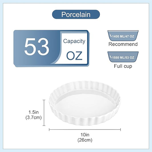 LOVECASA Porcelain Pie Pan Quiche Baking Dish,10 Inch Non-Stick Round Pie Dish Quiche Pan,Tart Pan with Ruffled Edge,Pie Plate for Apple, Quiche, Pot Pies, Tart,Set of 2, White