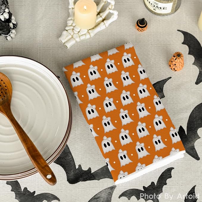 Artoid Mode Orange Ghost Halloween Kitchen Towels Set of 2 18x26 Inch | Spooky Bow Knot Hand & Dish Towels,Ultra Absorbent,Seasonal Farmhouse Decoration