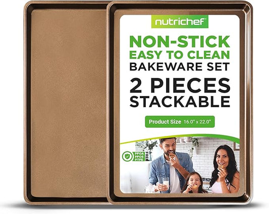 NutriChef 2-Piece Nonstick XL Cookie Sheets for Baking - 22" x 16" Stackable Extra Large Baking Sheet - Carbon Steel Baking Pans, PFOA, PFOS, PTFE Free- NCLGBP28