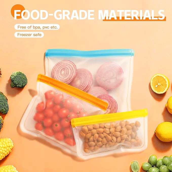 10 Pack Dishwasher Safe Reusable Bags, Silicone, Leakproof, BPA Free, Reusable Food Storage Bags for Lunch, Marinate, Freeze, Travel (Clear) - 3 Gallon, 3 Snack, 4 Sandwich