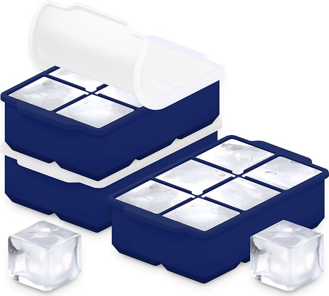 KitchFort® Large Silicone Ice Cube Tray (3-Pack), Easy Release 2" Big Ice Cubes - Cocktail, Whiskey Ice Cubes Mold - Ice Trays for Freezer with Lid - Stackable Silicone Ice Tray - Navy Blue
