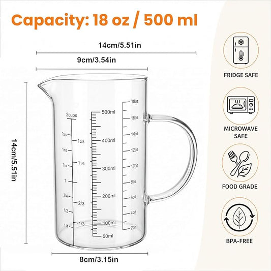 Graduated Glass Measuring Cup With Handle 500ML (16Oz, 2Cups) | High Borosilicate Liquid Measuring Cup for Baking Cooking Kitchen V-Shaped Spout Glass Measuring Beaker Easy To Read