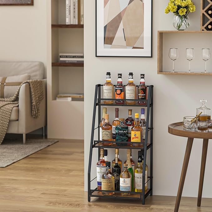 Hayexiha 3-Tier Liquor Stand for Home Bar, Stepped Freestanding Wine Rack | Compact Display: 15.55-inch-wide wood-and-iron stand has three fenced tiers and adjustable feet for corners or home bars.
