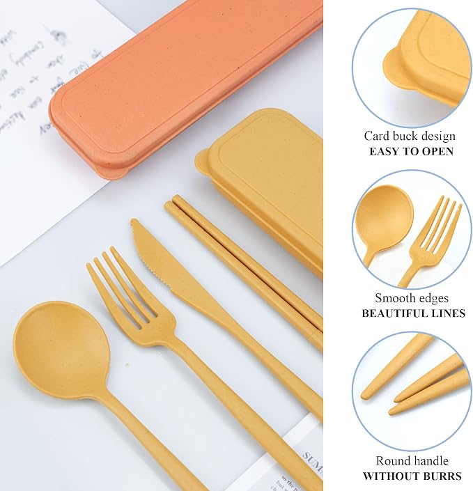 DISSKNIC Reusable Utensils Set with Case, 6 Sets Travel Utensils with Case, Wheat Straw Portable Cutlery Set Chopsticks Knives Fork and Spoon for Lunch Box Accessories