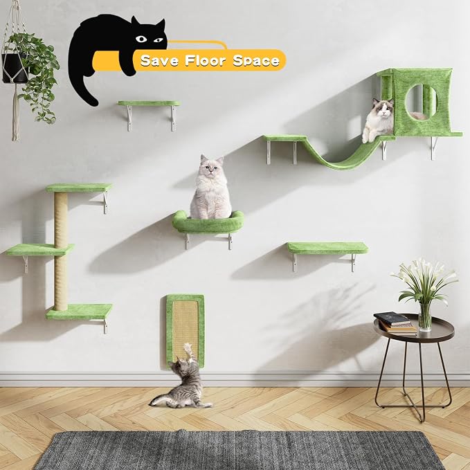 12-in-1 Cat Wall Shelves, Luxury Wall-Mounted Cat Climber Set with Condos House, Scratching Post, Bridge Ladder, Indoor Space-Saving Furniture for Kittens, Green