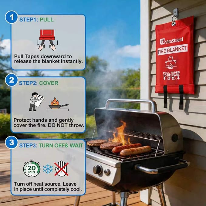 Emergency Fire Blanket for Kitchen Grease Fire, 39x39in, Easy Pull Tabs for Quick Use, 1076°F Heat Resistant Fiberglass, No Mess Extinguisher Alternative for Home Car RV BBQ (1 Pack)