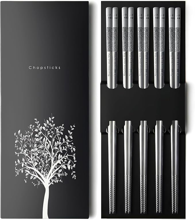 IQCWOOD 18/8 Stainless Steel Chopsticks, 5 Pairs Reusable Metal Chopsticks with Laser Engraved, Dishwasher Safe Non-Slip Square Japanese Korean Style for Cooking Eating, 9 1/4 Inches Gift Set