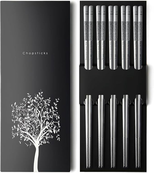 IQCWOOD 18/8 Stainless Steel Chopsticks, 5 Pairs Reusable Metal Chopsticks with Laser Engraved, Dishwasher Safe Non-Slip Square Japanese Korean Style for Cooking Eating, 9 1/4 Inches Gift Set