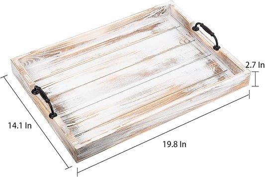Rustic Vintage Big Wood Food Breakfast Serving Trays with Cutout Metal Handles(20 Inches) Large Nesting Board Decorative Serving Trays Platter in Bed, Ottoman, Coffee Table, BBQ, Party(Washed White
