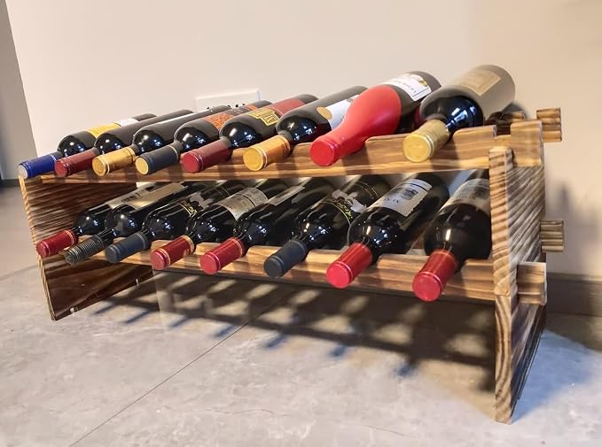 16-Bottle Stackable Wine Rack - 2-Tier Rustic Pine Wood Wine Storage, Freestanding Organizer for Kitchen, Home Bar & Dining Room - Easy Assembly