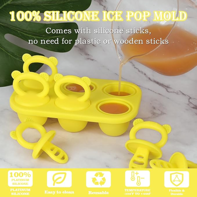 Sakolla Baby Popsicle Molds Mini 6-Cavity Silicone Ice Pop Mold with Sticks Breastmilk Popsicle Molds for Teething Relief Toddler Popsicle Mold for Ice Cream Frozen Yogurt and Fruit Juice (Yellow)