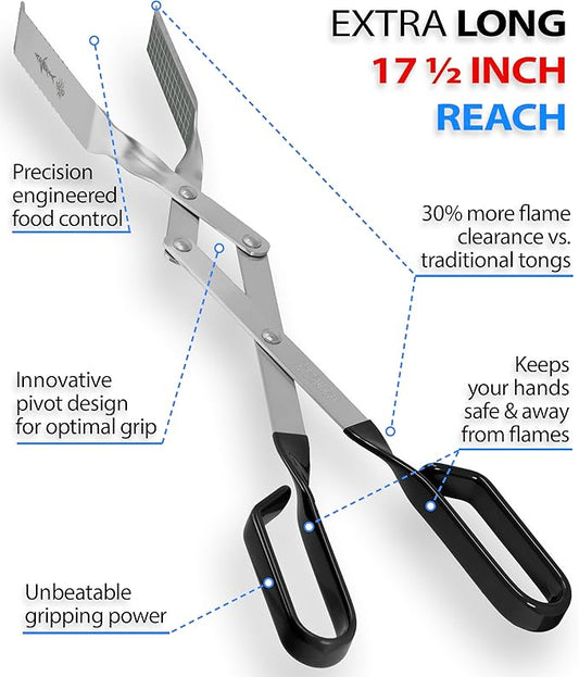Shark BBQ Tongs for Steak, 17.5" Extra Long, Stainless Steel Grilling Tongs with Scissor Grip, Tong for Cooking, Kitchen & Outdoor Grill - Perfect Barbecue Tool & Gift for Grill Masters, Black