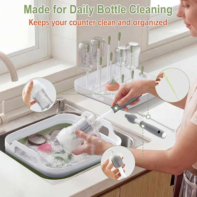 Yecuip Collapsible Baby Bottle Wash Basin w/Drying Rack & Drain Plug, Green | 2.4 Gallon Foldable Dish Tub w/Handles,Portable RV Camping Sink & Space-Saving Wash Bin with Lid for Kitchen,Travel & Outdoor