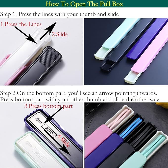 Portable Reusable Stainless Steel Chopsticks, 3 Pairs, Black Blue Green | With Case, For Camping, For Travel, For Bento Box