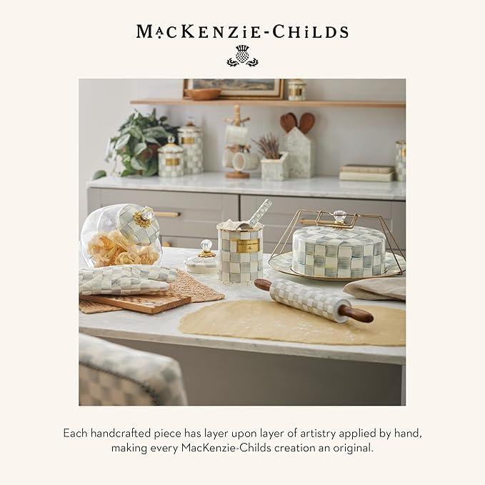 MACKENZIE-CHILDS Enamel Compote, Cute Enamel Pedestal Serving Dish or Decorative Bowl, Small, Gray-and-White Sterling Check