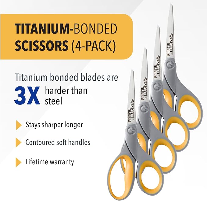 Westcott 8-Inch Titanium Bonded Scissors for Home, Office, and Classroom - Perfect for Cutting Paper, Sewing, and Crafts - Heavy-Duty Design with Soft Handle - Gray/Yellow (Pack of 48)