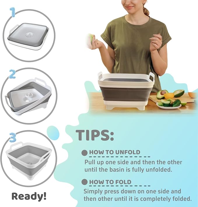 Collapsible Wash Basin with Drain Plug - 2.4 Gallon Foldable Kitchen Sink for Baby Bottles, RV Camping, Space-Saving Dish Tub (Gray-Gray)