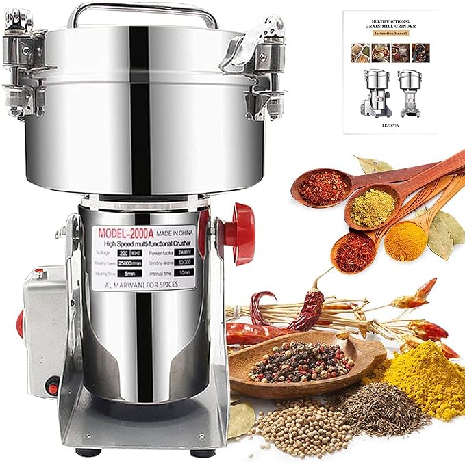 2000g Electric Grain Grinder Spice Grain Mill Stainless Steel 30s 28000RPM High Speedy Grinding with Overload Protection& 5min Timer Mill for Dry Spice Herbs/Nut/Coffee/Rice
