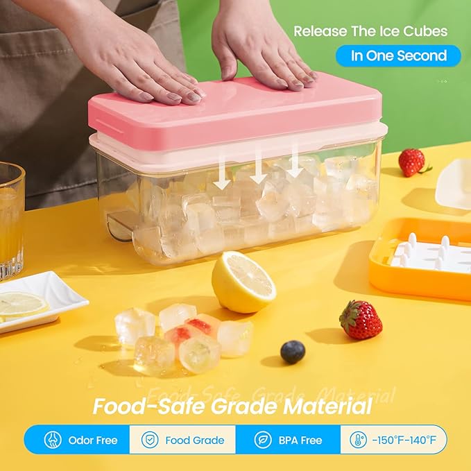 PHINOX Ice Cube Tray with Lid and Bin, Ice Trays for Freezer, Flexible Ice Cube Trays, Making 64 pcs Ice Cubes, Chilling Cocktail, Whiskey, Coffee, with 2 trays, Ice Container, Scoop&Cover, BPA Free