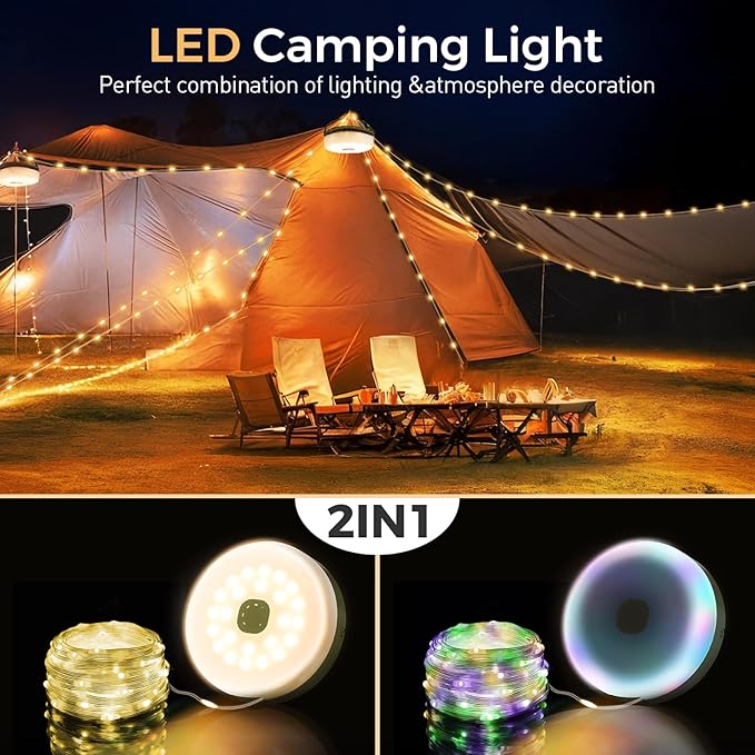 Camping String Lights, 32.8FT Rechargeable Camping Lights with Quick Storage Reel, 8 Modes Waterproof Hanging LED Camping Lights for Tent, RV Awning, Patio and Outdoor Camping Gear Essentials