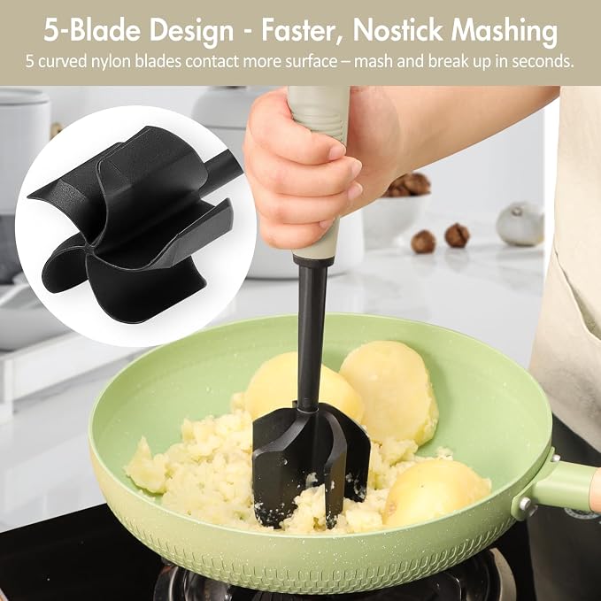 Ourokhome Meat Chopper and Potato Masher, Heat Resistant Nylon Ground Beef Smasher for Hamburger, 5 Curved Blades Nonstick Safe Mixer & Stirrer, Practical Kitchen Gadgets, Almond