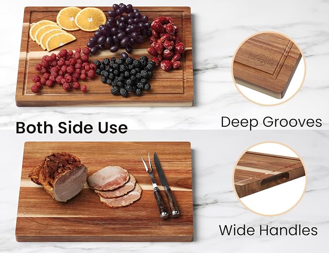 Fibogollo Set of 3 Large Acacia Wood Kitchen Cutting Boards with Holder | Wooden Chopping Boards Set with Juice Groove, Serving Board with Storage Stand,Butcher Block for Meat,Vegetables,Fruit