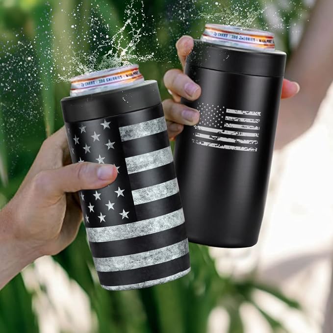 4-in-1 Slim Can Cooler Easy to Hold Insulated Beer Can Holder Double-Walled Stainless Steel for All 12 Oz Cans Black America Flag 2
