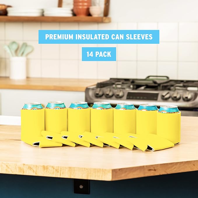 Blank Beer Can Coolers Sleeves (14-Pack) Soft Insulated Beer Can Cooler Sleeves - HTV Friendly Plain Can Sleeves for Soda, Beer Cans & Bottles - Blanks for Vinyl Projects & Wedding Favors (Yellow)