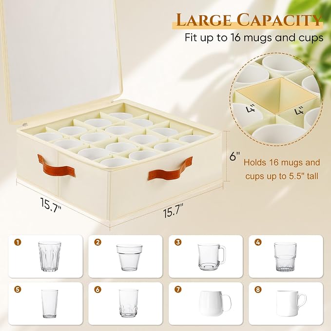 Foyego Cup and Mug Storage Box, Beige, 2 Pack | 32 Adjustable Dividers, Hard Shell, with Transparent Lid, 3 Handles, Zippers, Stackable Storage Organizers for Packing&Moving
