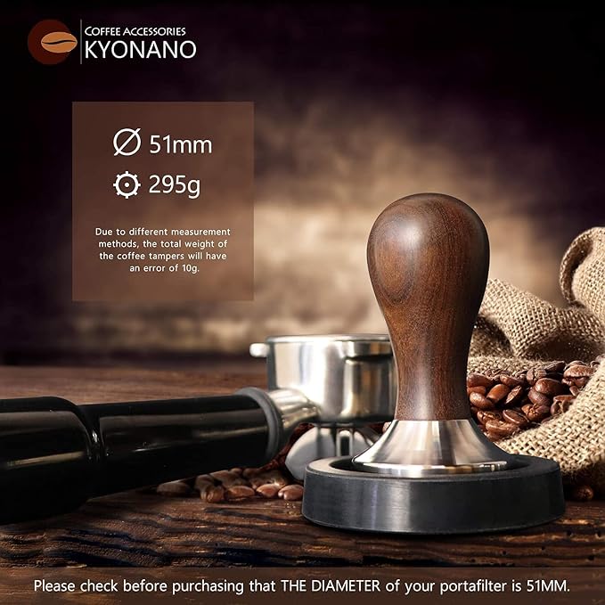 KYONANO Espresso Tamper 51mm - Tamper with Chacate Preto Wood Handle - Coffee Tamper plus Milk Frothing Pitcher 350ml & Silicone Tamper Mat - Tamper fits 51mm Delonghi Portafilter