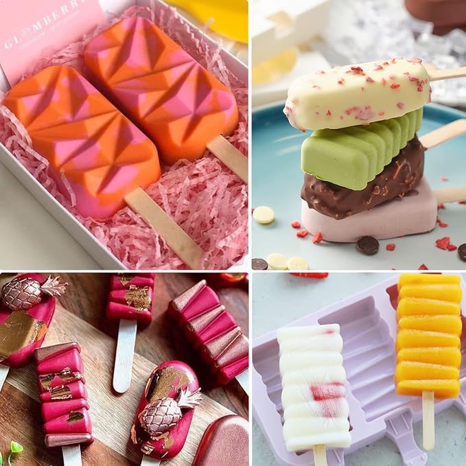Ice Cream Popsicle Silicone Mold Set of 2, 8-Cavity Chocolate Cake Fondant Molds, Home DIY Popsicle Tools, BPA Free, Reusable and Easy to Clean Homemade Popsicle Maker with 50 Wooden Sticks