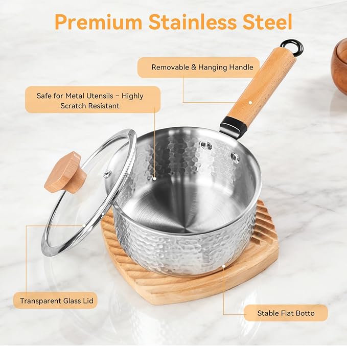 WANGYUANJI 1.8-Quart Stainless Steel Saucepan with Lid, Coating-Free Small Soup Pot, Hammered Finish, Induction Compatible, Tempered Glass Lid, Cool-Touch Wood Handle