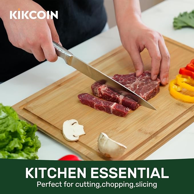 Kikcoin 24”×18” Bamboo Cutting Boards for Kitchen, Wooden Healthy Cutting Boards for Charcuterie, Vegetables, Cheese, Bread, Extra Large Chopping Boards with Deep Juice Groove and Handle, Natural