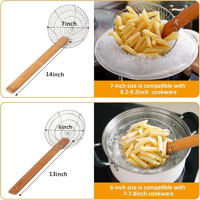 Stainless Steel Spider Strainer Asian Kitchen Wire Food Cooking Skimmer With Natural Bamboo Handle, 6-Inch, Hand-Made
