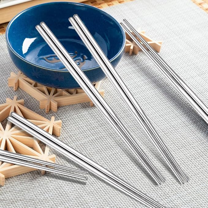 10 Pairs Chopstick Set Stainless Steel 304 Silver Reusable Chop Sticks Lightweight Metal Tableware Square Non-Slip Dishwasher Safe Kitchen Dinning Utensils Gift