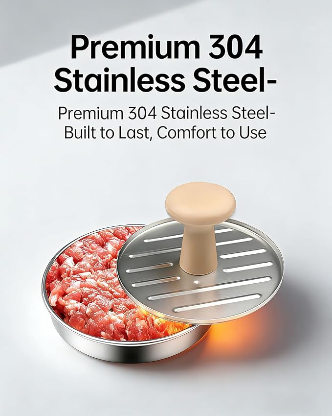 Burger Press, 5 Inch Hamburger Patty Maker in Stainless Steel | Burger Mold with Wooden Handle and Base, Includes 100 Patty Papers for Homemade Burgers, BBQ and Meal Prep