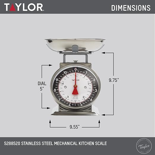 Taylor Mechanical Kitchen Food Scale with Bowl, Weighs Up to 11lbs, Measures in Grams and Ounces, Analog Cooking Scale for Baking, Black and Silver