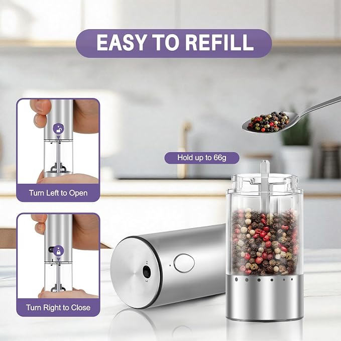 Electric Salt and Pepper Grinder Set, Automatic Pepper Mill Grinder w/Upgraded Charge Base and LED Light,Adjustable Coarseness (Upgraded version of transfer)