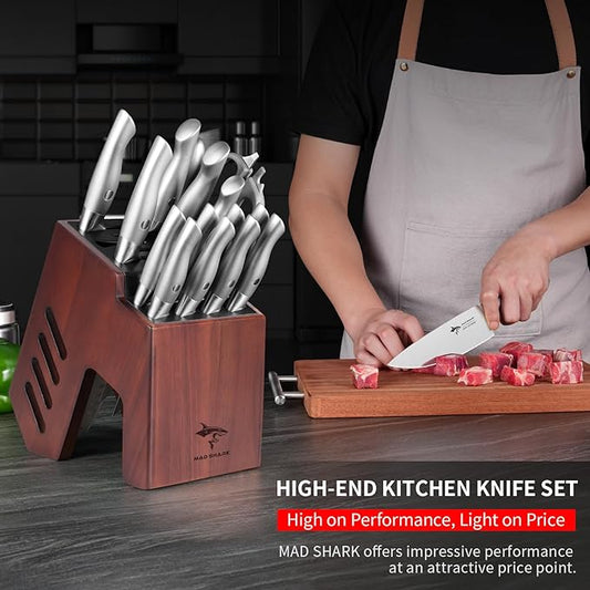 MAD SHARK Knife Set for Kitchen with Block, 17pc Cutlery Set, Built-in Sharpener, German Stainless Steel, Non-slip Ergonomic Handle, Dishwasher Safe
