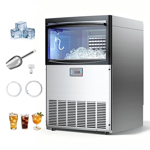 VEVOR Commercial Ice Maker Machine, 200 lbs/24h with 50 lbs Storage Capacity, Built-in/Freestanding/Under Counter, Stainless Steel Ice Maker with LED Display & Self-Cleaning, for Home Bar Restaurant