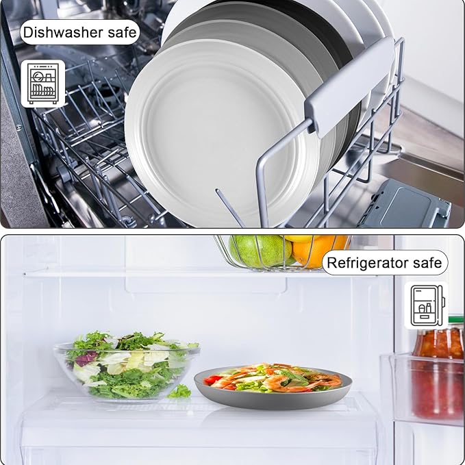 12 Pcs Unbreakable Deep Dinner Plates Set, 10 inch Reusable Plastic Wheat Straw Plates, Microwave and Dishwasher Safe Plate for Kitchen, Lightweight Plate for Dessert, BPA Free, White Gray
