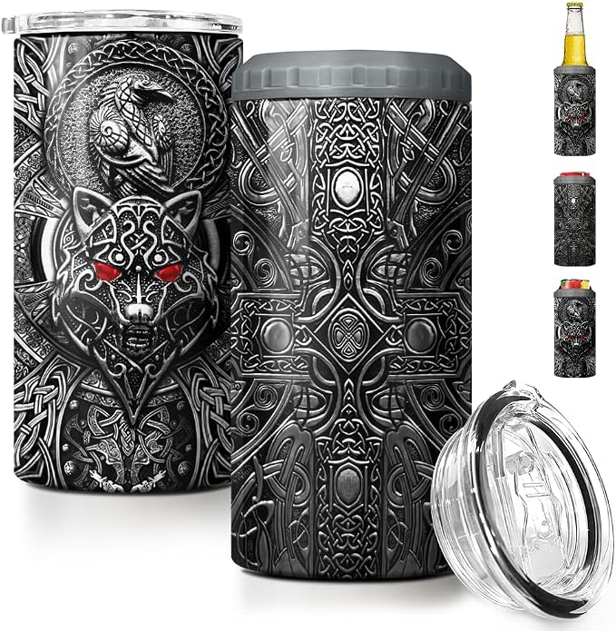 SANDJEST Wolf Tumbler Raven Viking 4 in 1 12oz Tumbler Can Cooler Coozie Skinny Stainless Steel Tumbler Gift for Men Dad Son Father Husband Christmas Birthday